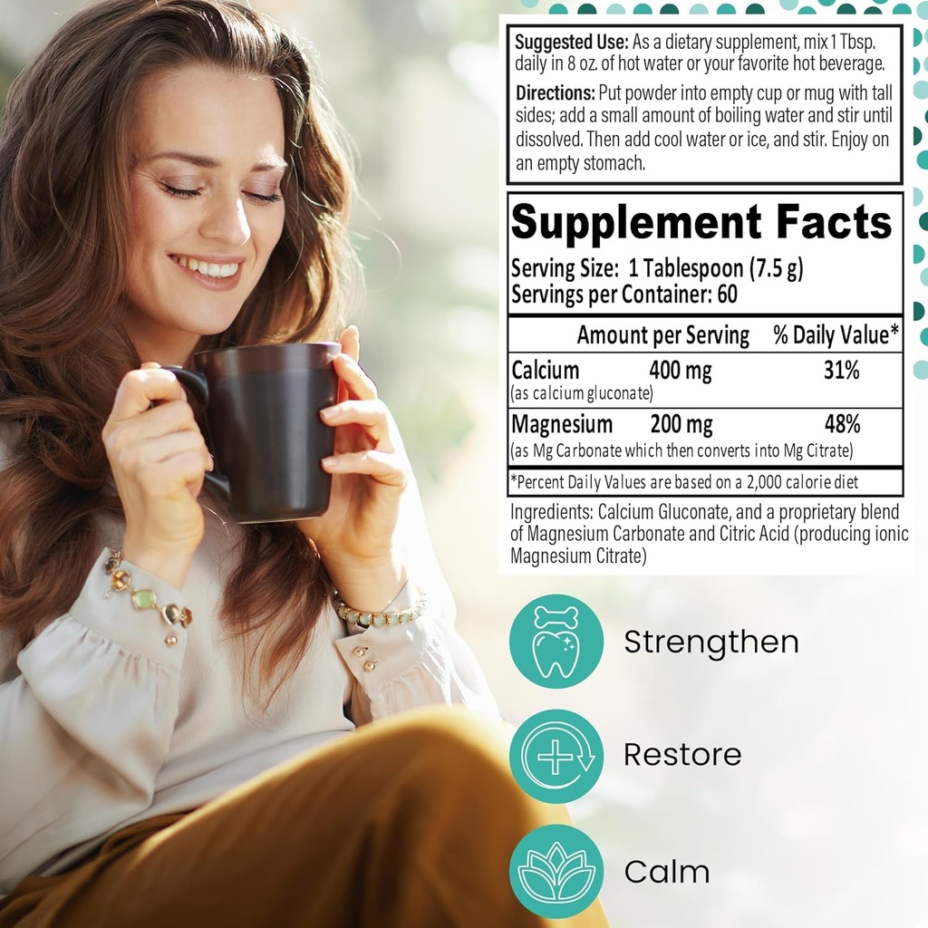 High Absorption 2:1 CalMag Calcium Magnesium Citrate Supplement, Calcium Gluconate Powder, Supports Stress Relief, Sleep & Bone Strength Mineral Drink, Unflavored 16.5 oz (Pack of 1) 6