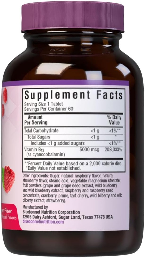 BlueBonnet Nutrition Earth Sweet Vitamin B12 5000 mcg Chewable Tablets, Soy-Free, Gluten-Free, Kosher Certified, Dairy-Free, Vegan, Raspberry Flavored, 60 Chewable Tablets, 60 Servings 3