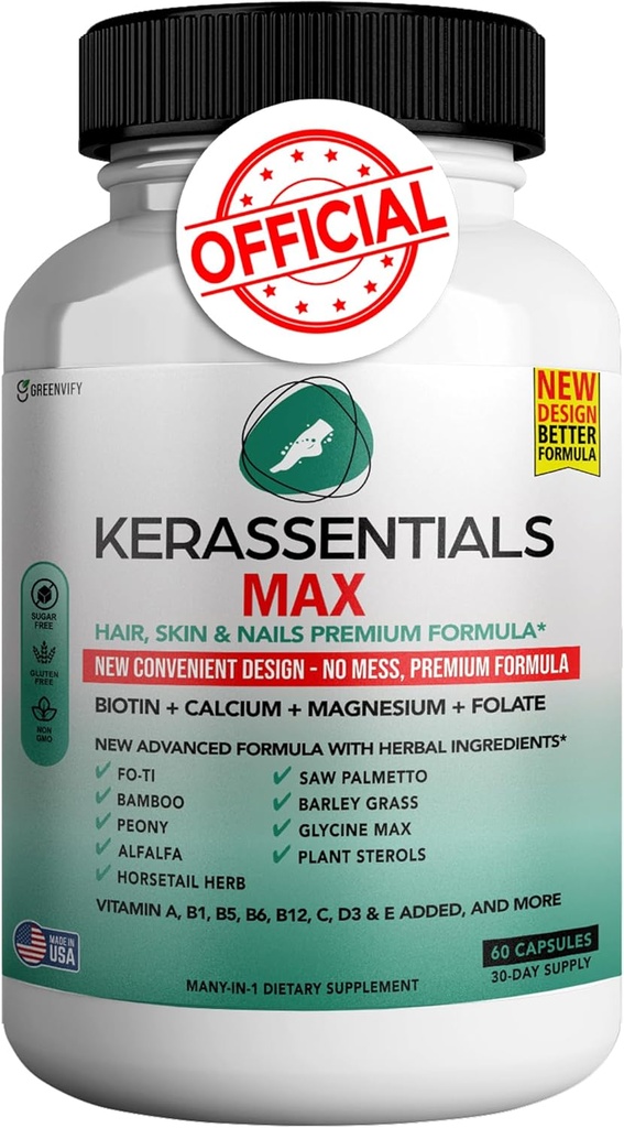 Kerassentials Max - Hair, Skin & Nails Support Supplement | Biotin, Calcium, Magnesium, Folate & Herbal Blend | Premium Formula | 60 Capsules, Vegan & Gluten-Free 2
