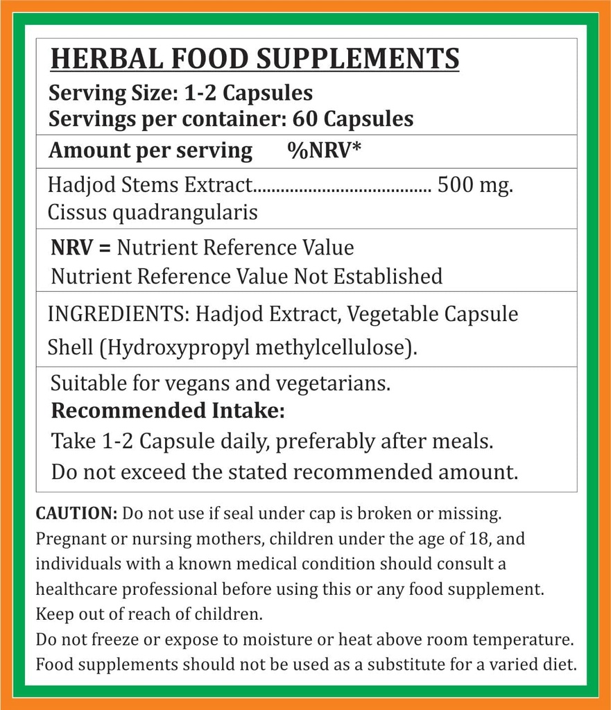 Hadjod Forte Capsules 500 mg. 60 Veg. Capsule | Hadjod (Cissus Quadrangularis) Extract Capsules for Men and Women | Ayurvedic Herbal Supplement/Remedies | 10:1 Forte (1 Bottle of 60 Capsules) 5