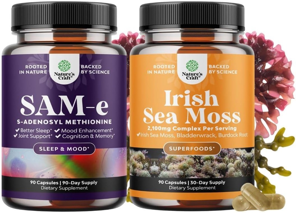 Bundle of Pure SAM-E Nootropic Brain Supplement and Organic Irish Sea Moss Capsules -Immune Support and Mood Support Supplement - Sea Moss and Bladderwrack Capsules with Burdock Root Superfood Blend 2