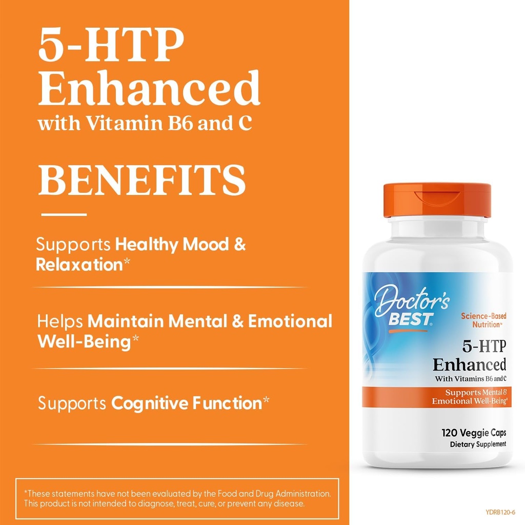 Doctors Best 5-HTP Enhanced with Vitamins B6 & C, Supports Mental & Emotional Well-Being, Non-GMO, Gluten Free, Soy Free, Vegan 120 Veggie Caps 3