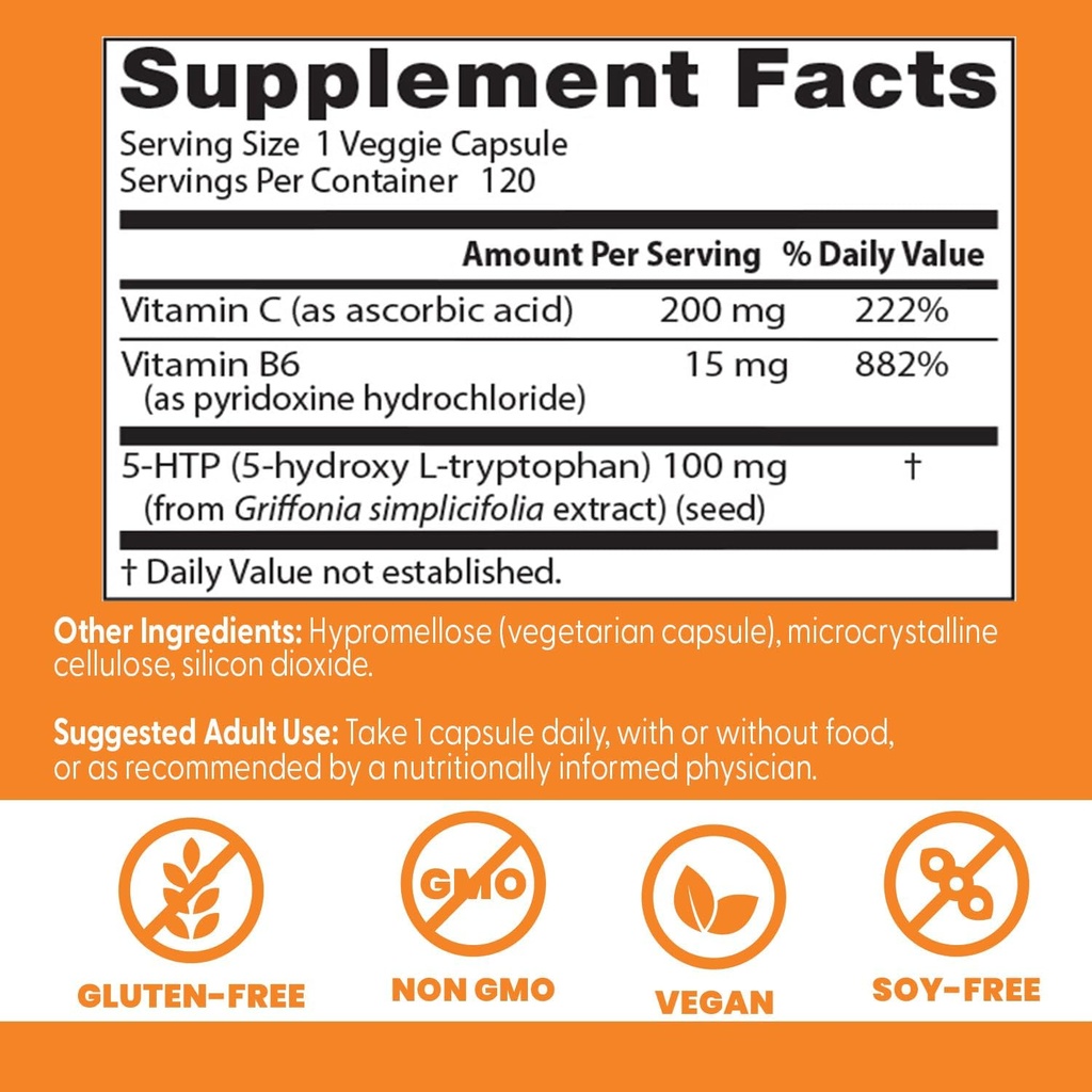 Doctors Best 5-HTP Enhanced with Vitamins B6 & C, Supports Mental & Emotional Well-Being, Non-GMO, Gluten Free, Soy Free, Vegan 120 Veggie Caps 4