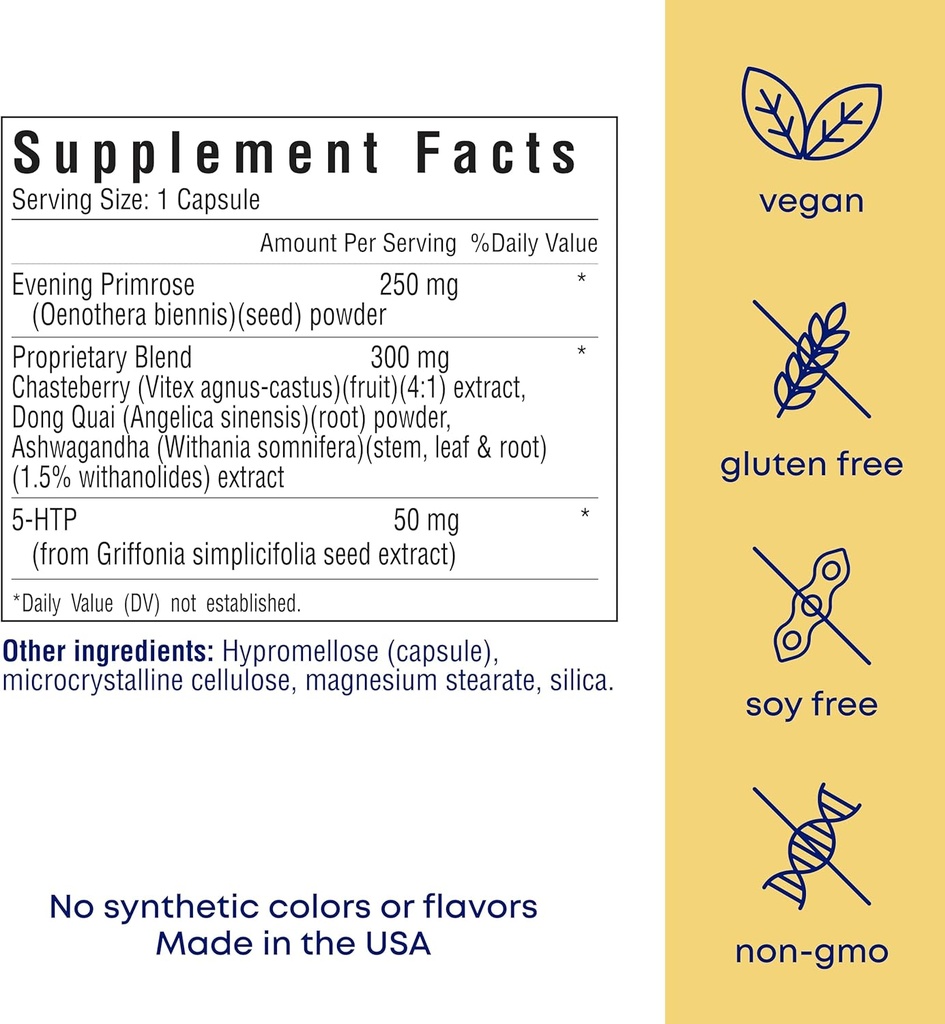 her own PMS, Supports PMS Symptoms, Promotes Positive Mood, Natural Hormone Balance, Helps Relieve Cramping, Hot Flashes Menopause Relief, Gluten and Soy Free, Vegan, 30 Capsules, 30 Servings 3