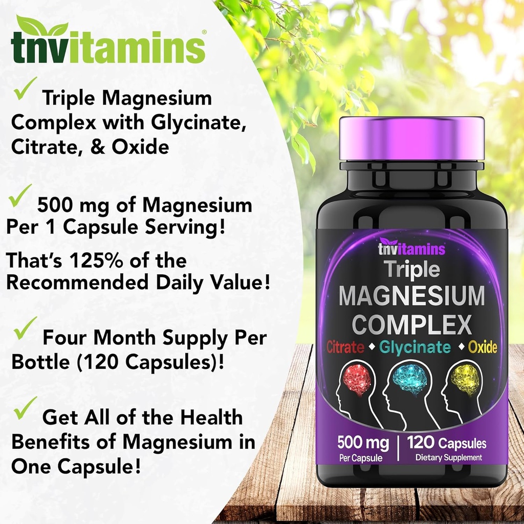 Triple Magnesium Complex Supplement 500mg: Magnesium Glycinate, Citrate, & Oxide - 120 Capsules (4 Month Supply!) | 1 Capsule Serving Provides 125% Daily Value | Non-GMO, Made in The USA! 4