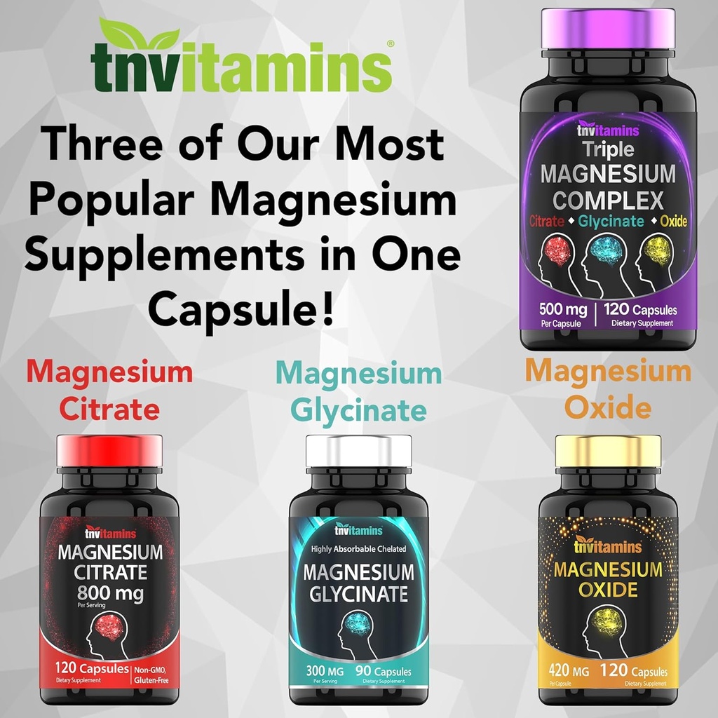 Triple Magnesium Complex Supplement 500mg: Magnesium Glycinate, Citrate, & Oxide - 120 Capsules (4 Month Supply!) | 1 Capsule Serving Provides 125% Daily Value | Non-GMO, Made in The USA! 5