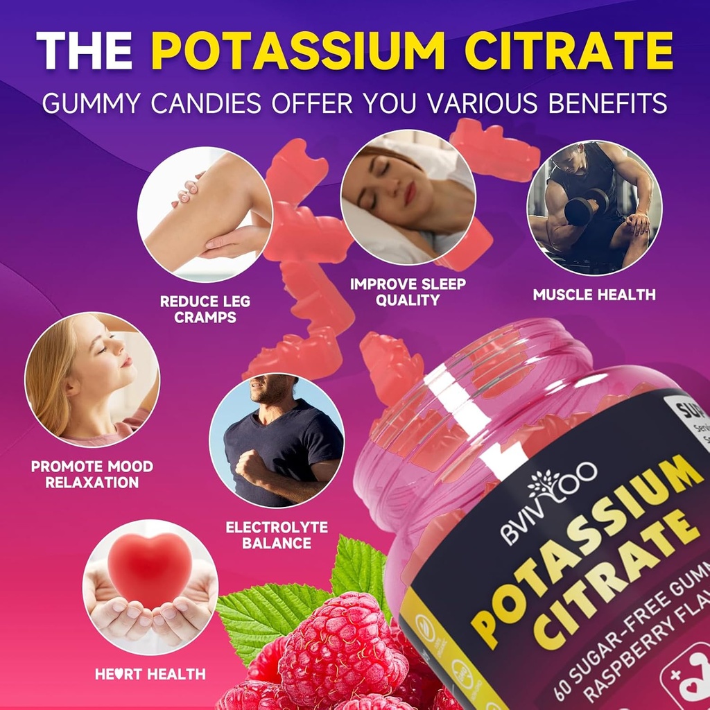 Potassium Citrate Gummies for Adults, Sugar-Free Potassium Gummies 1000mg Support Leg Cramps & Electrolyte Balance High Potency Potassium Supplement Gummies 120 Count 4