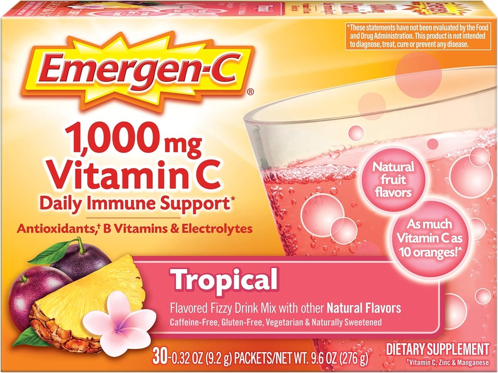 Emergen-C 1000mg Vitamin C Powder, with Antioxidants, B Vitamins and Electrolytes, Vitamin C Supplements for Immune Support, Caffeine Free Fizzy Drink Mix, Tropical Flavor - 30 Count/1 Month Supply 2