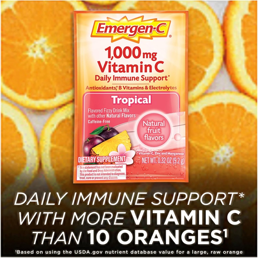 Emergen-C 1000mg Vitamin C Powder, with Antioxidants, B Vitamins and Electrolytes, Vitamin C Supplements for Immune Support, Caffeine Free Fizzy Drink Mix, Tropical Flavor - 30 Count/1 Month Supply 4