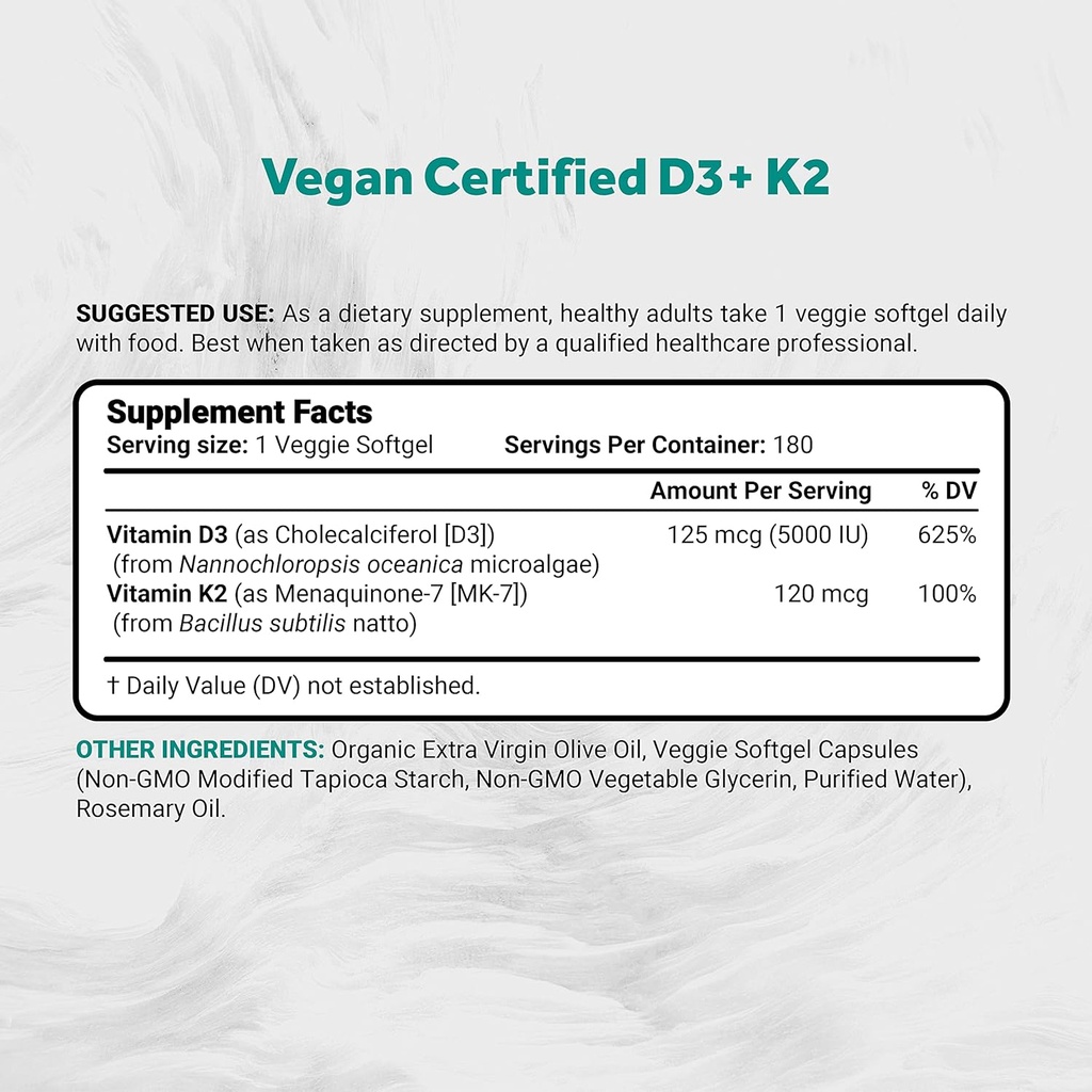 Naturalis Vegan Vitamin D3 + K2 with Extra Virgin Olive Oil | 5000iu Vitamin D with 120mcg MK7 Vitamin K | Better Support for Bone & Immune Health | Vegan Society Certified 180 Softgels 3