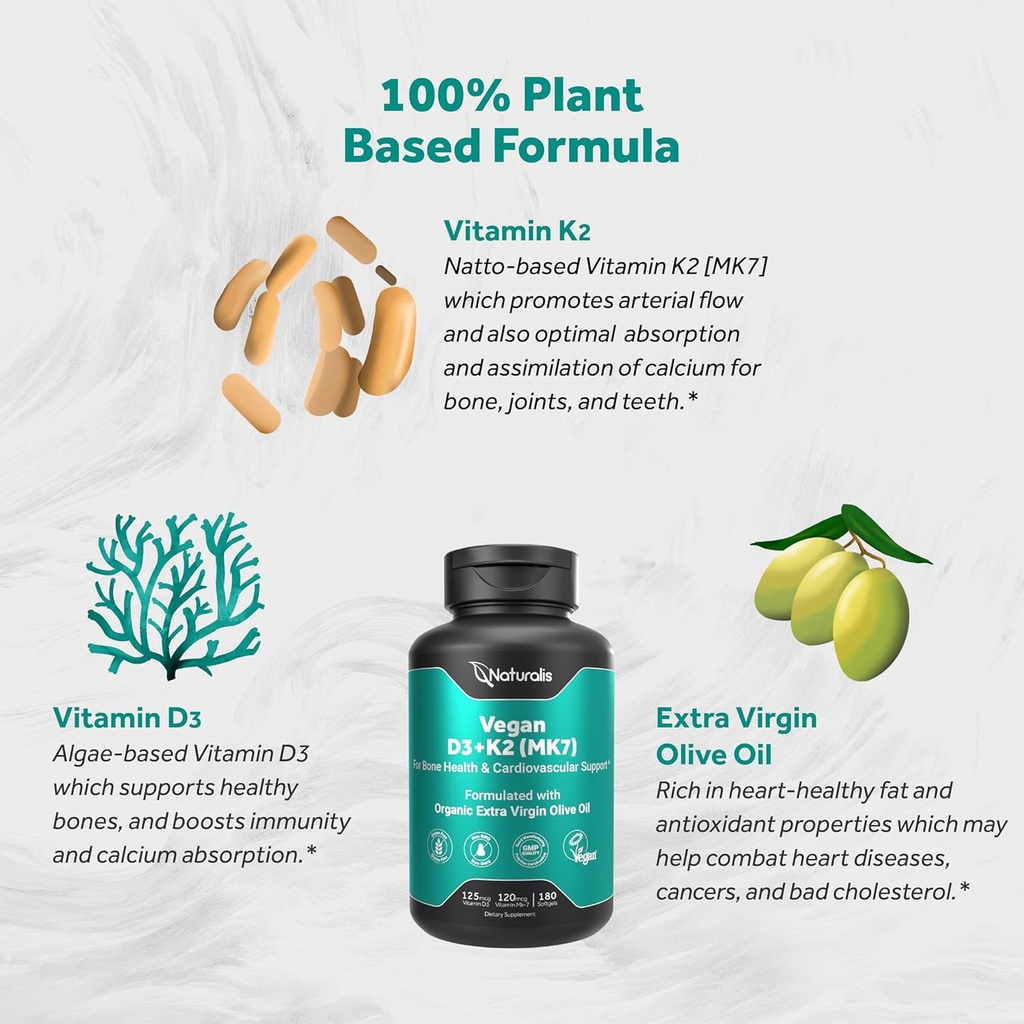 Naturalis Vegan Vitamin D3 + K2 with Extra Virgin Olive Oil | 5000iu Vitamin D with 120mcg MK7 Vitamin K | Better Support for Bone & Immune Health | Vegan Society Certified 180 Softgels 6