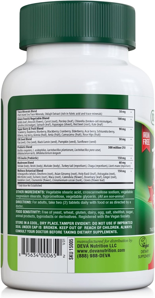DEVA Tuba Prime Vegan Multivitamin Iron-Free - High-Potency Vitamin & Mineral Dietary Supplement - Antioxidants, Fruit & Vegetable Blend, Super Mushrooms, Probiotics, Prebiotics, Seeds, Herbs 90 Tabs 4