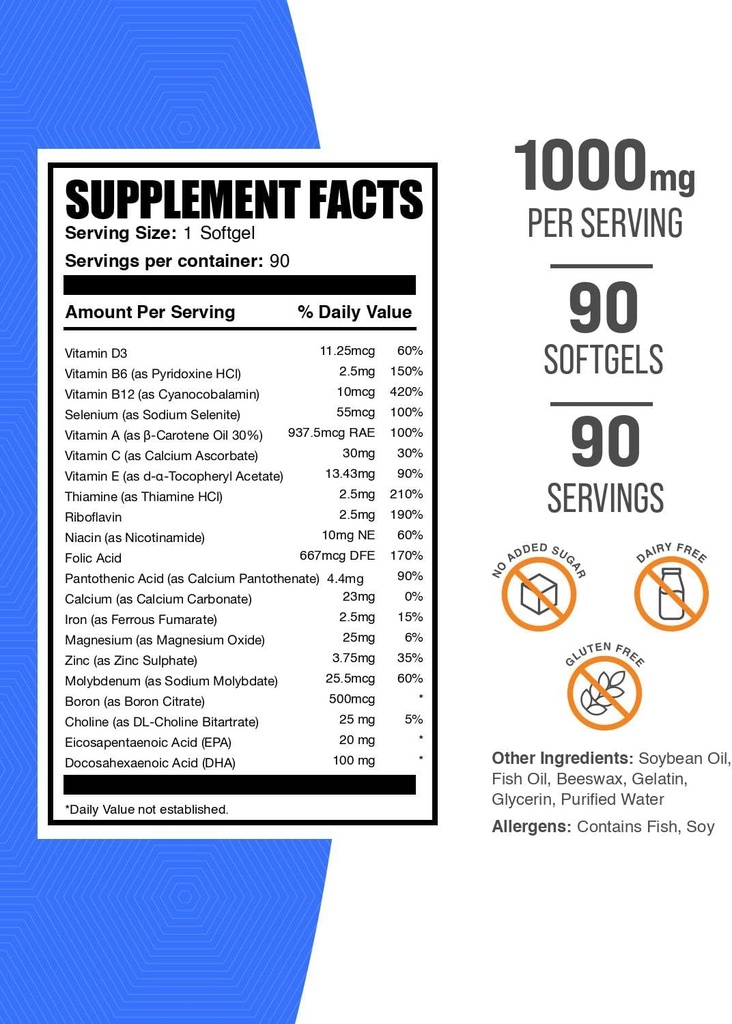 BulkSupplements.com Multivitamin for Women Softgels - Daily Multivitamin Supplement, Multimineral for Women with Fish Oil - Gluten Free, 1 Softgel per Serving (1000mg), 90 Count (Pack of 1) 3