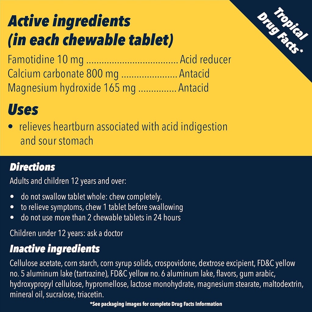 Pepcid Complete Acid Reducer + Antacid for Acid Reflux, 10mg Famotidine, 800mg Calcium Carbonate & 165mg Magnesium Hydroxide per Heartburn Tablet, Antacid Chews, Tropical Fruit, 50 ct 6