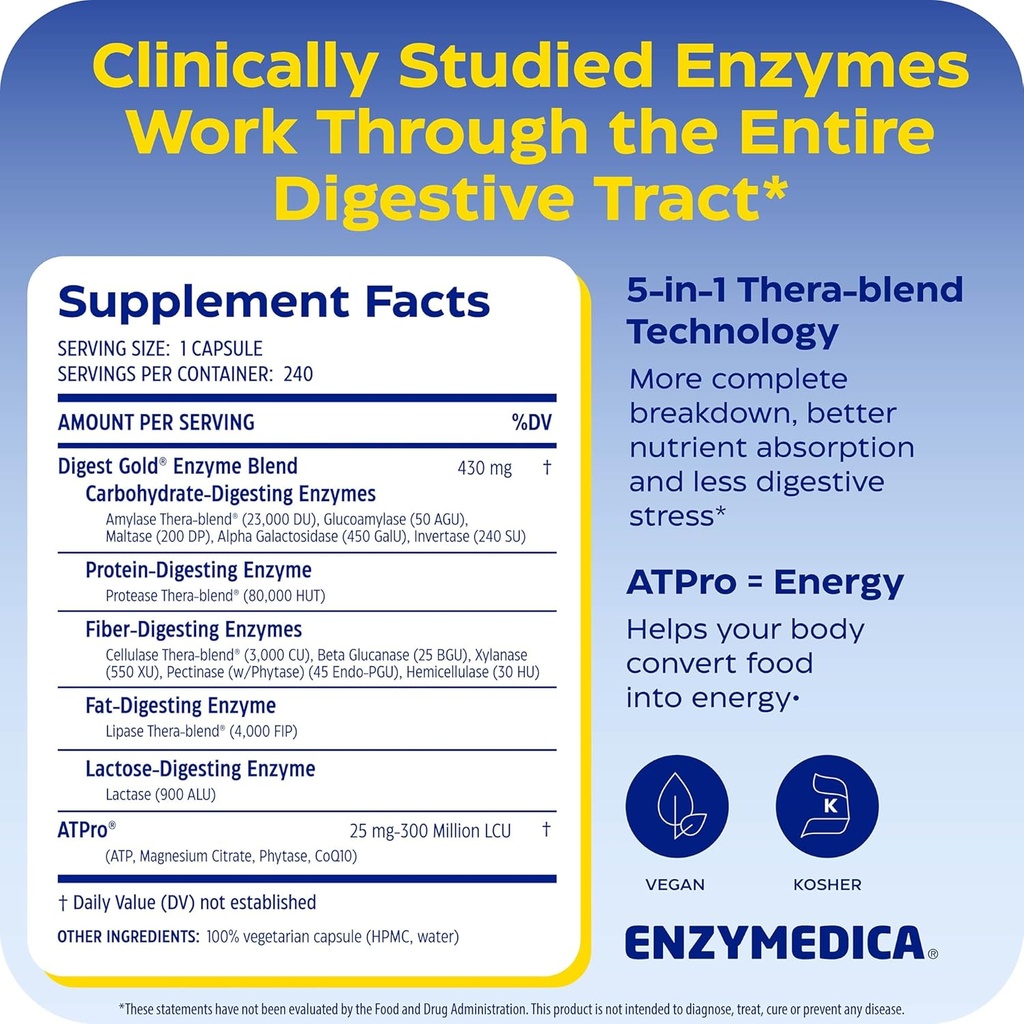 Enzymedica Digest Gold + ATPro, Maximum Strength Enzyme Formula, Prevents Bloating and Gas, 14 Key Enzymes Including Amylase, Protease, Lipase and Lactase, 240 Capsules 3