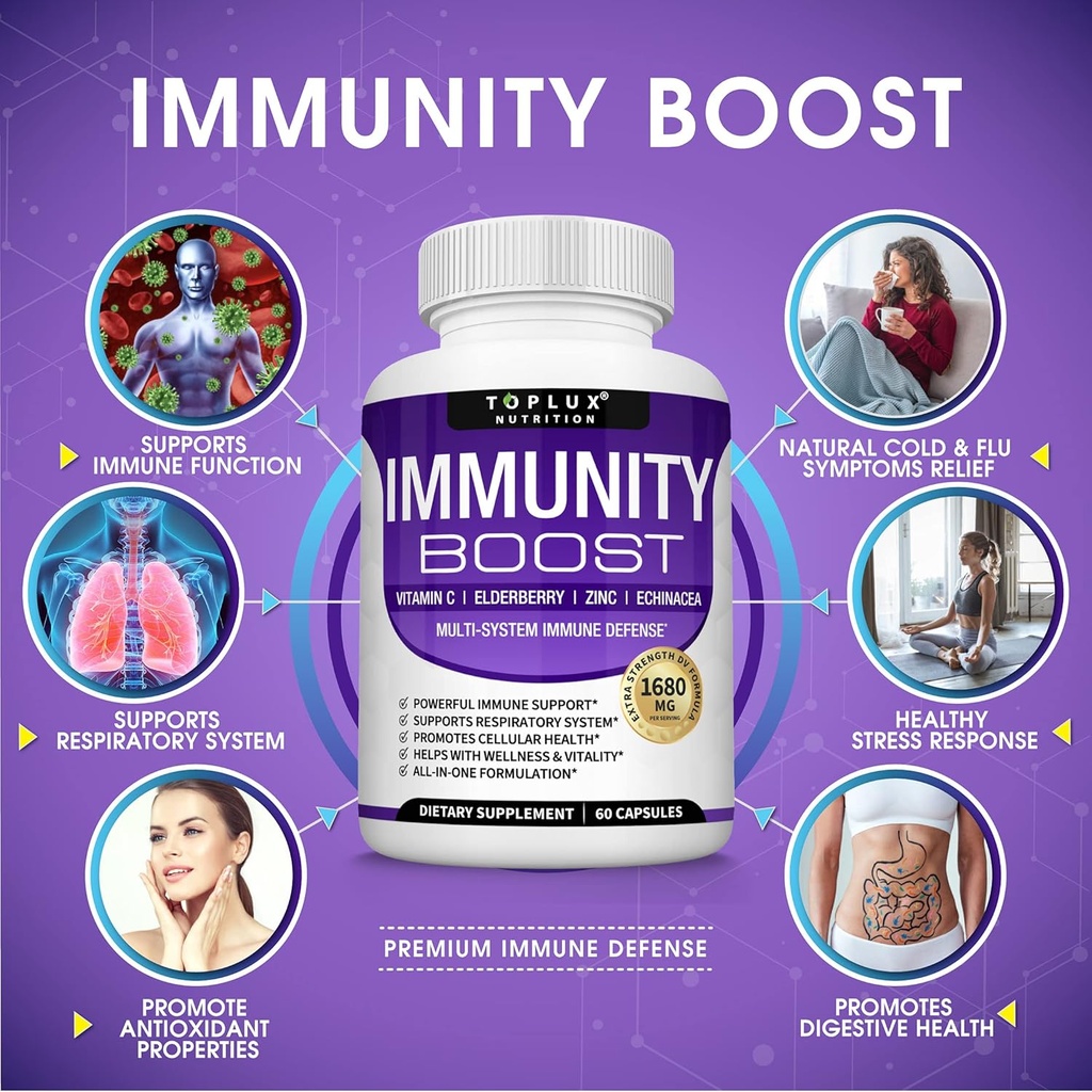 10 in 1 Immunity Boost Immune Support Supplement â€“ 1650mg Made with Elderberry, Vitamin C, Zinc, Echinacea & Probiotics for Immune System Booster, Support Healthy Respiratory System, 2x 60 Capsule 3