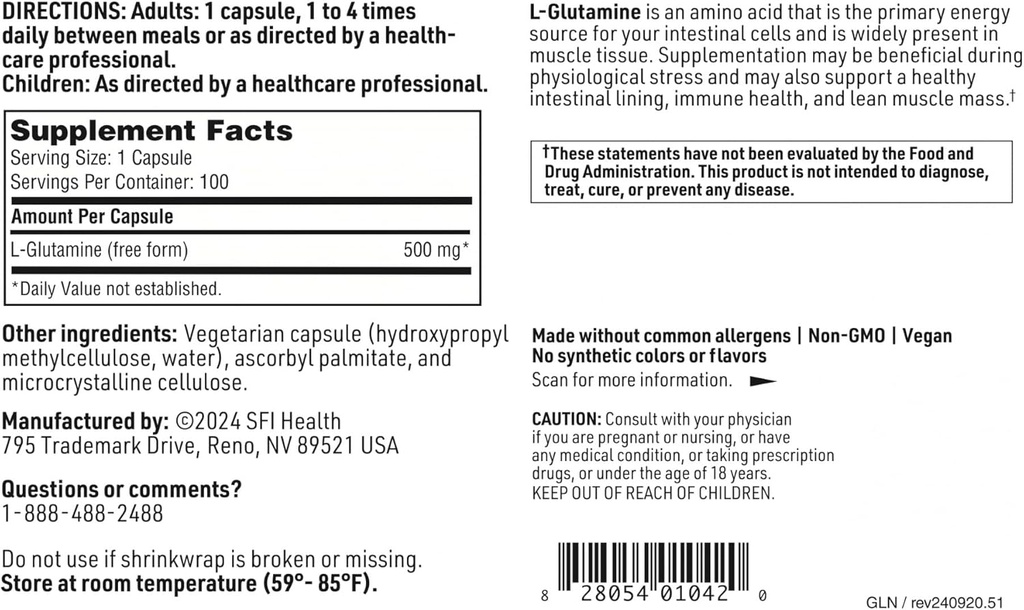 Klaire Labs SFI Health L Glutamine Capsules - 500 Milligrams Hypoallergenic Amino Acids Supplement - Supports Muscle & GI Function - Dairy Free & Gluten Free (100 Capsules) 6
