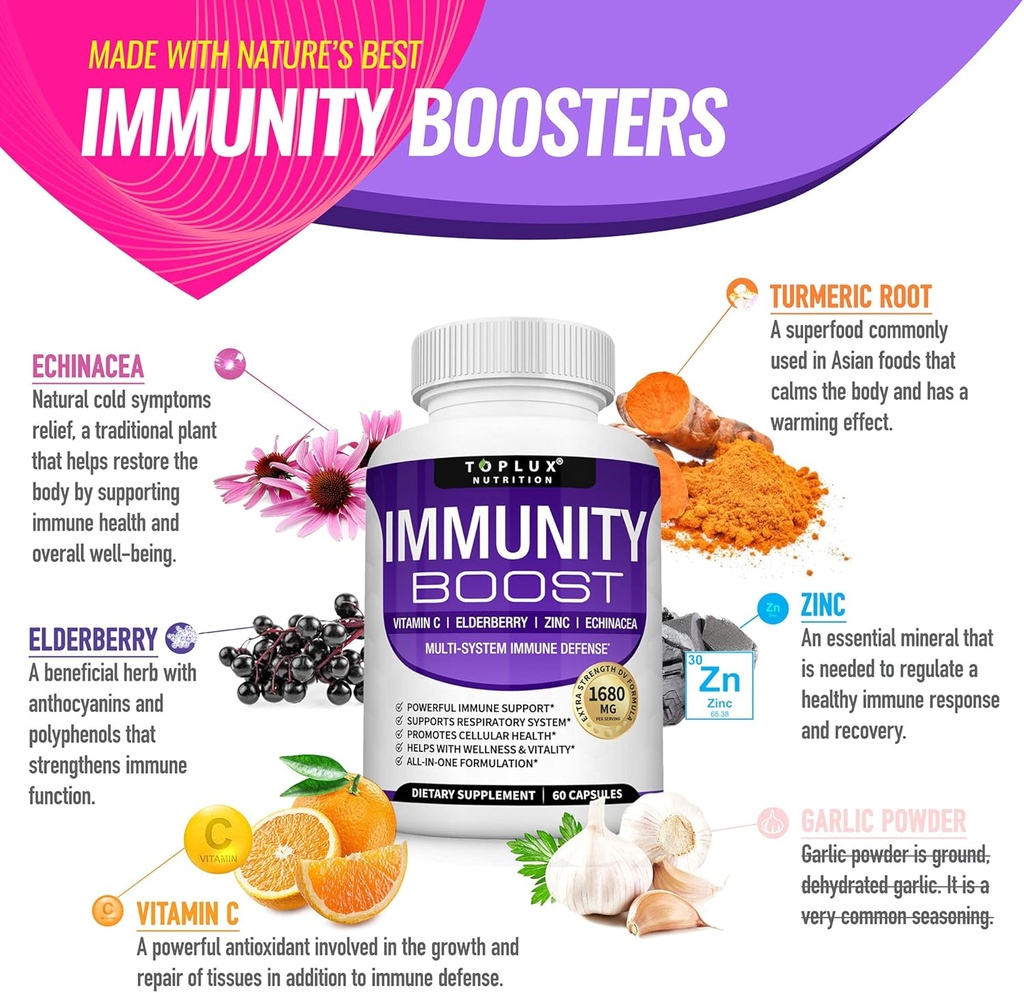 10 in 1 Immunity Boost Immune Support Supplement â€“ 1650mg Made with Elderberry, Vitamin C, Zinc, Echinacea & Probiotics for Immune System Booster, Support Healthy Respiratory System, 2x 60 Capsule 5
