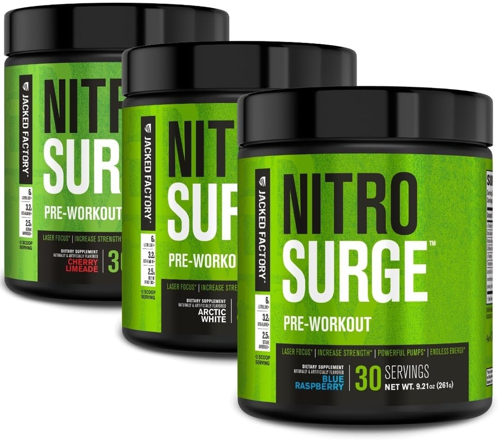 Jacked Factory NITROSURGE Pre Workout Supplement - Endless Energy, Instant Strength Gains, Clear Focus, Intense Pump | Cherry Limeade, Blue Raspberry, Arctic White (90 Servings) 2
