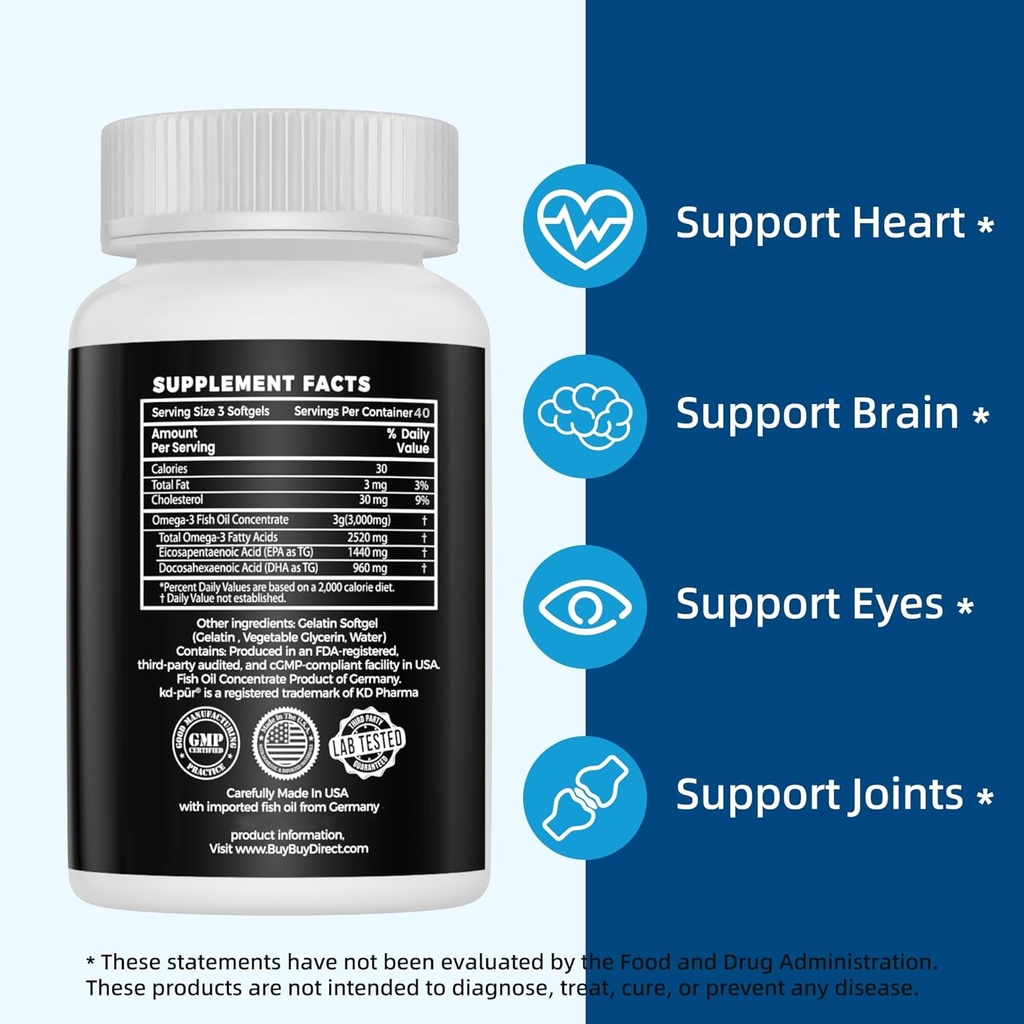 Pharmaceutical Grade Omega 3 Fish Oil, KD-PÜR Premium Germany Fish Oil Supplements 2520mg with EPA & DHA- Supports Brain, Heart & Immunity (120 Softgels) 6