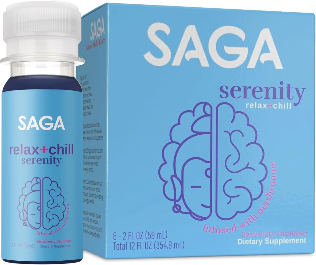 SAGA Serenity Organic Relaxation Shots with Kava, Lion’s Mane & Reishi | Fast-Acting Mushroom & Adaptogen Drink for Calm, Stress Relief & Mood Support | Vegan, Travel Size | Strawberry Cucumber 2