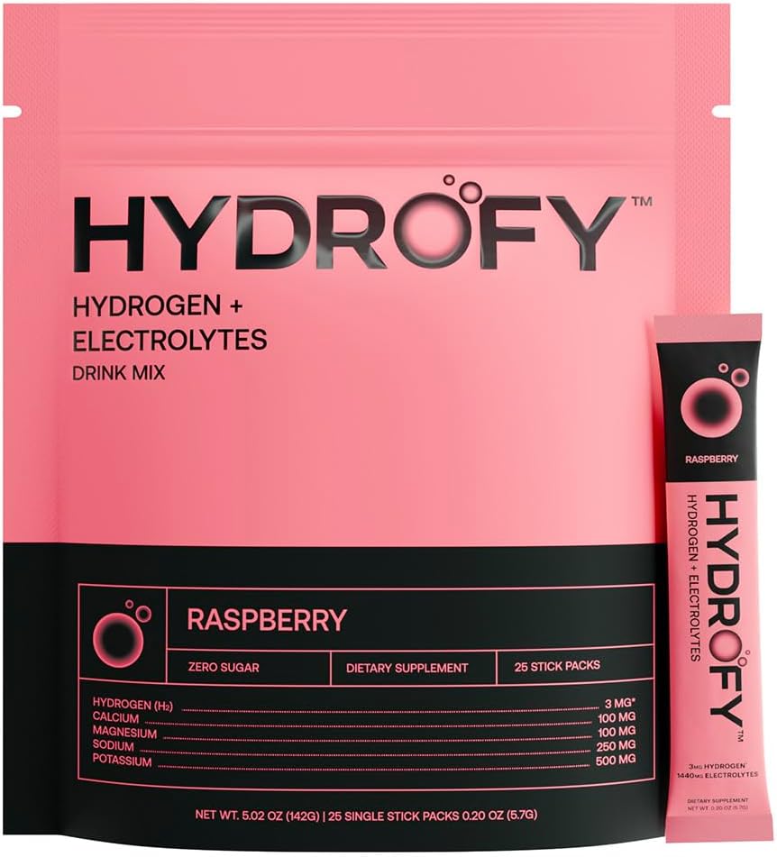 Hydrofy Hydrogen Water + Electrolytes Drink Mix | H2 Hydration Packets with Molecular Hydrogen, Sodium, Potassium, Magnesium, Calcium, and Minerals | No Sugar | Raspberry 25 Ct 2