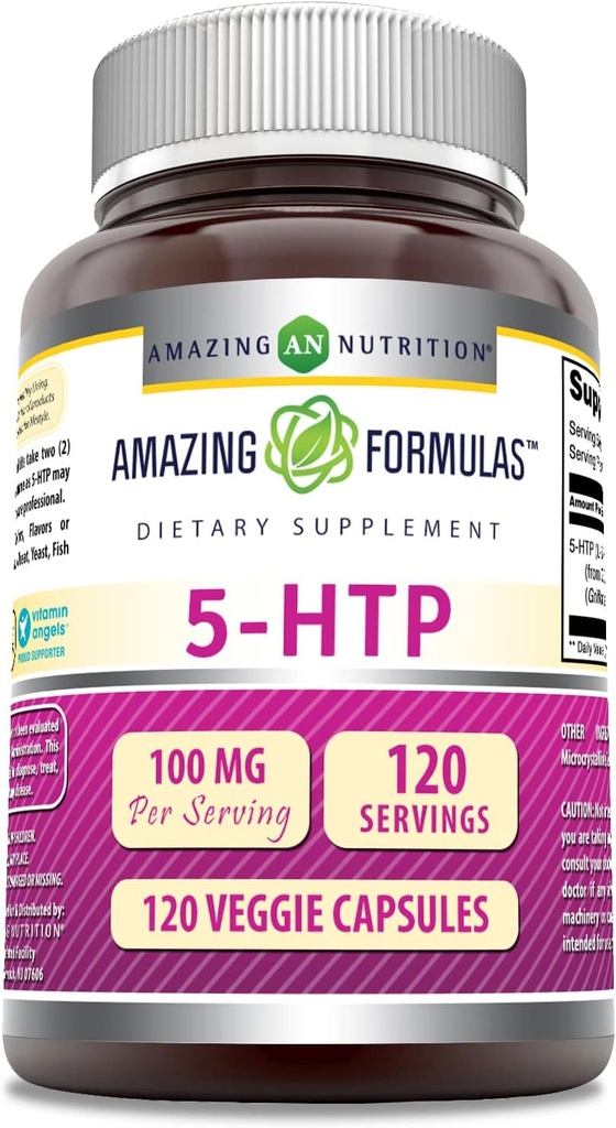 Amazing Formulas 5-HTP (Hydroxytryptophan) Supplement | 100 Mg Per Serving | Veggie Capsules | Non-GMO | Gluten Free | Made in USA (1 Pack, 120 Count) 2