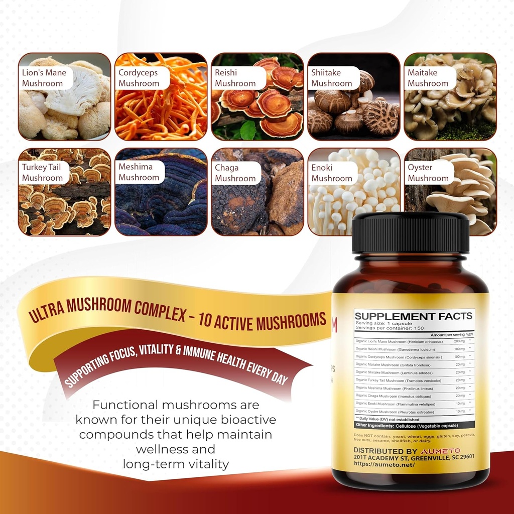 Ultra Mushroom Complex 10 in 1 Formula - with Lion's Mane Reishi Cordyceps Shiitake Turkey Tail Chaga (150 Count (Pack of 1)) 5