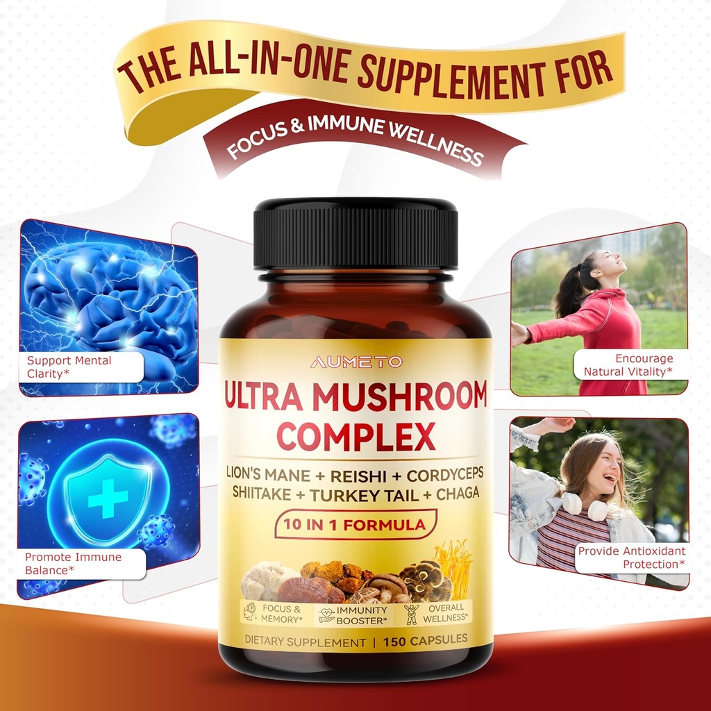 Ultra Mushroom Complex 10 in 1 Formula - with Lion's Mane Reishi Cordyceps Shiitake Turkey Tail Chaga (150 Count (Pack of 1)) 6