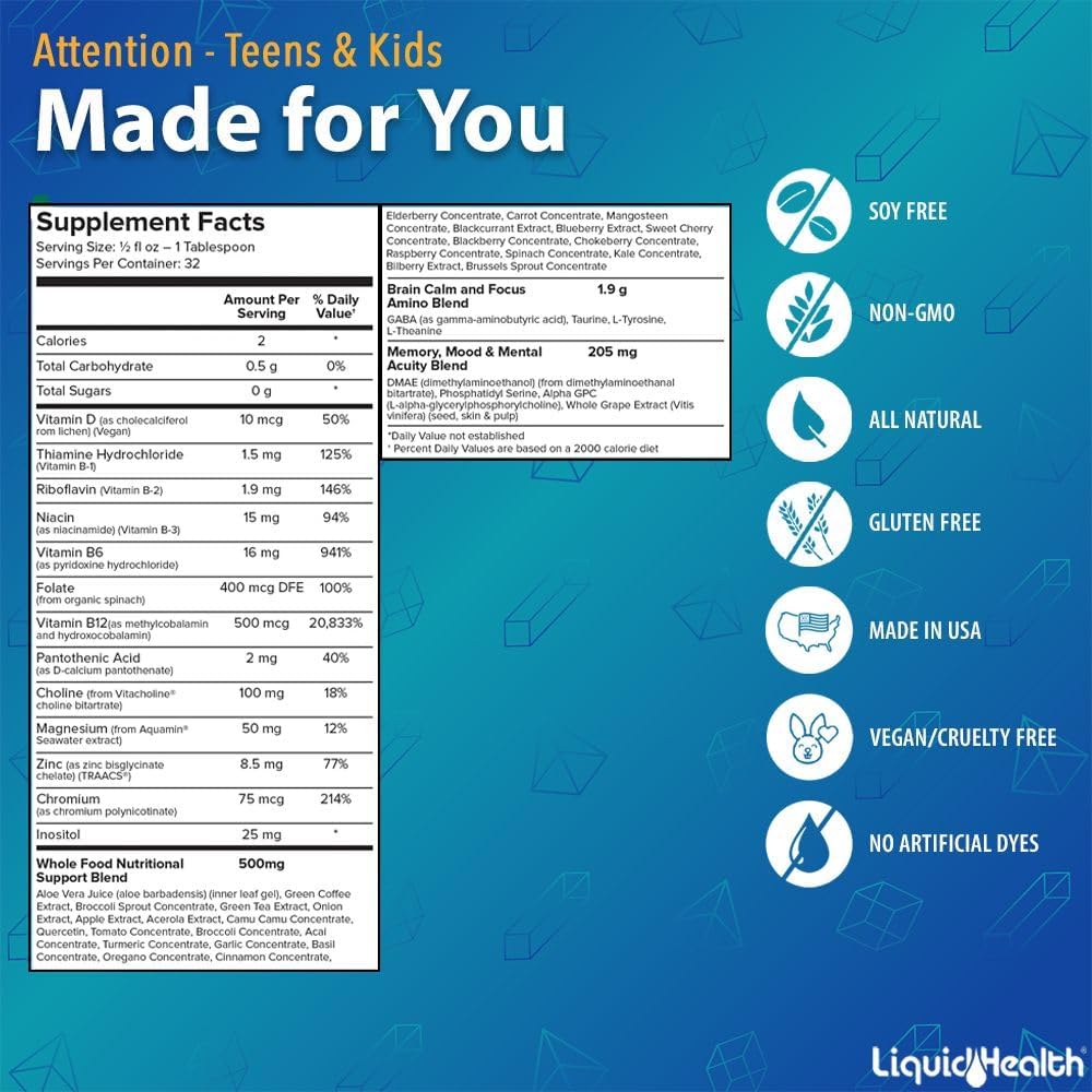 LIQUIDHEALTH Attention, Liquid Multivitamin for Kids & Teens - Improves Memory Retention, Concentration, Focus, Mood, Relaxation & Calming - Made in The USA, Great Taste, Vegan, Sugar-Free (2 Pack) 6