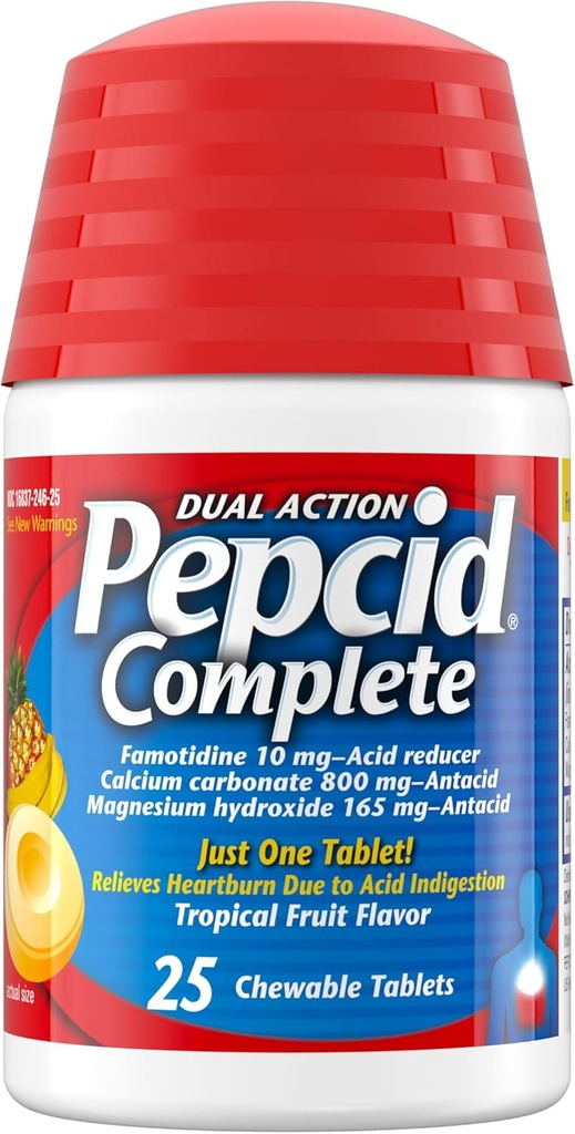 Pepcid Complete Acid Reducer + Antacid for Acid Reflux, 10mg Famotidine, 800mg Calcium Carbonate & 165mg Magnesium Hydroxide per Heartburn Tablet, Antacid Chews, Tropical Fruit, 25 ct 2