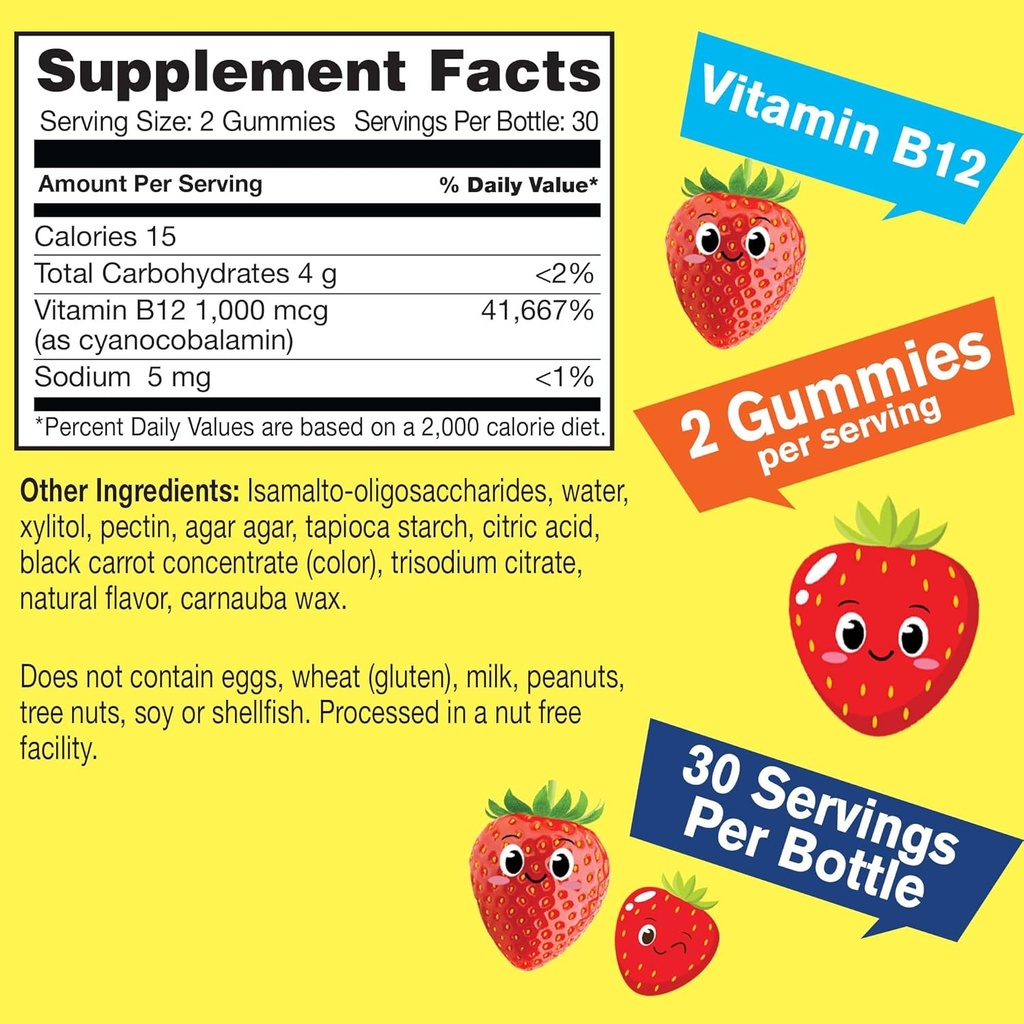 WellYeah Kid's Vitamin B12 1000mcg Sugar Free Gummies | Dietary Supplement | for Energy and Metabolism Support | Strawberry Flavor | 60 Count 3