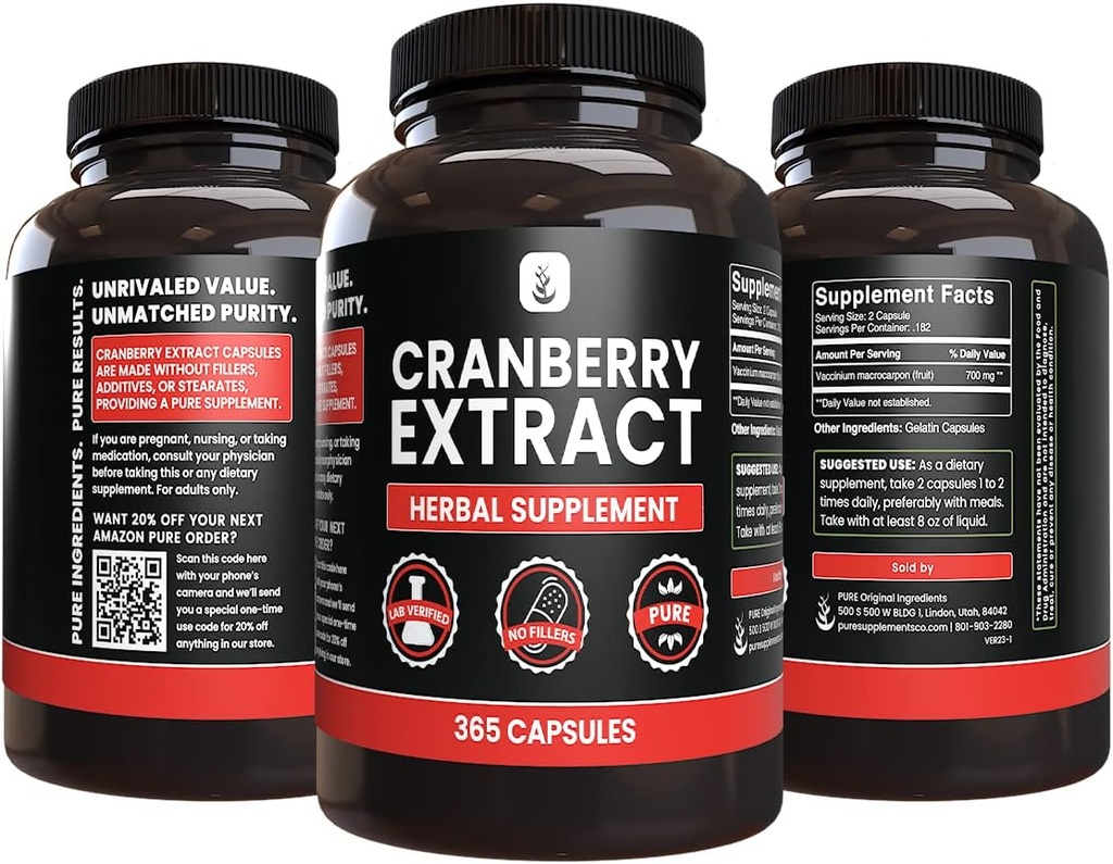 PURE ORIGINAL INGREDIENTS Cranberry Extract (365 Capsules) No Magnesium Or Rice Fillers, Always Pure, Lab Verified 5