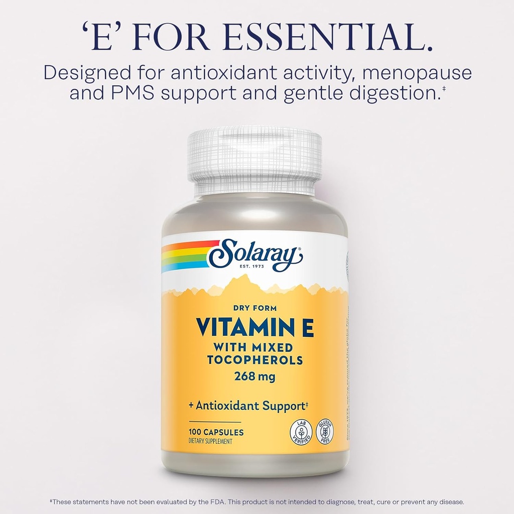 SOLARAY Vitamin E 400 IU (268mg), Dry Form - Natural Source, Mixed Tocopherols Vitamin E - Antioxidant Supplement, PMS and Menopause Support - 60-Day Guarantee, Lab Verified - 100 Serv, 100 Capsules 4