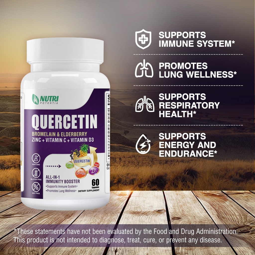 Quercetin with Bromelain, Quercetin 500mg Capsules, Vitamin C & D3, Zinc and Elderberry - Advanced Lung Immune and Respiratory Support Supplement - 60 Capsules 6