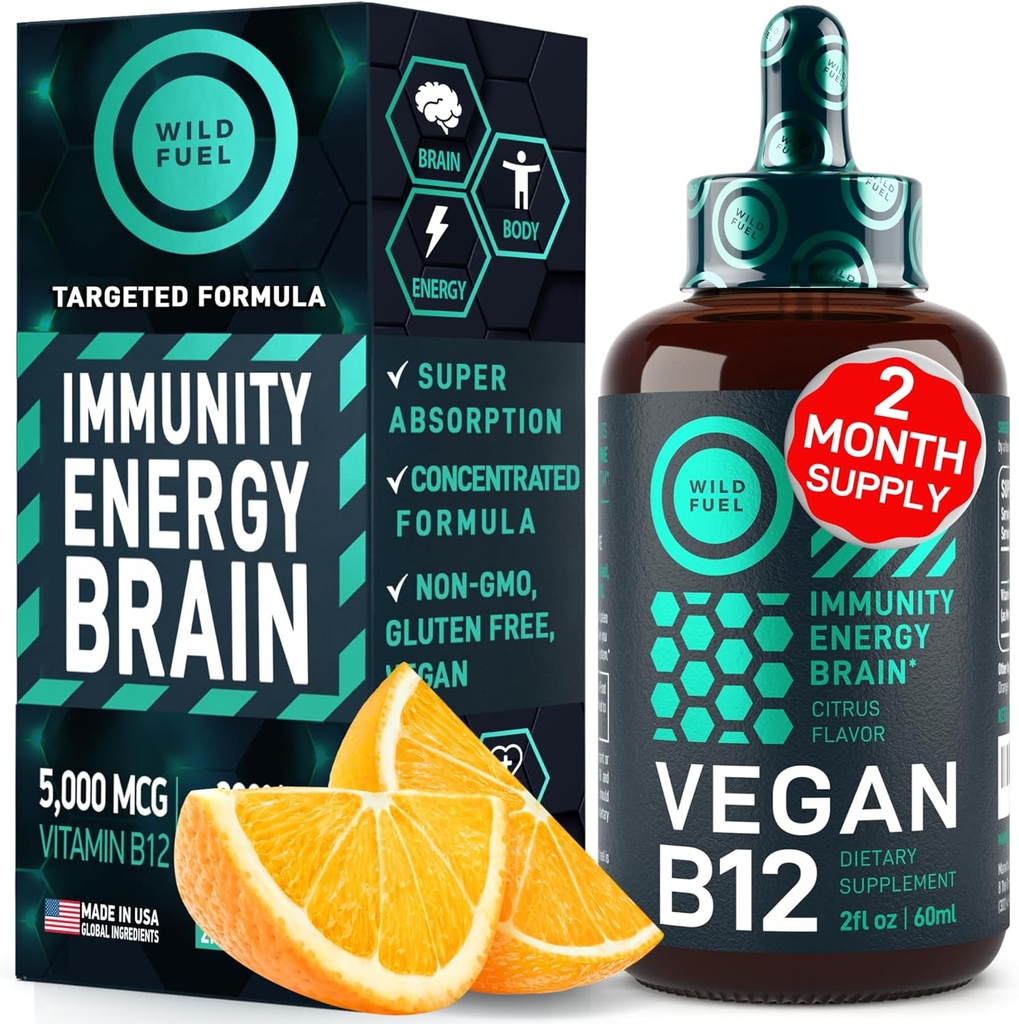 Vegan Vitamin B12 Liquid Drops - Fast-Acting B12 Sublingual 5000 mcg Methylcobalamin Supplement - Energy, Memory and Mood Support - High-Potency One-Dropper Per Day - Natural Citrus Flavor - 2oz 2