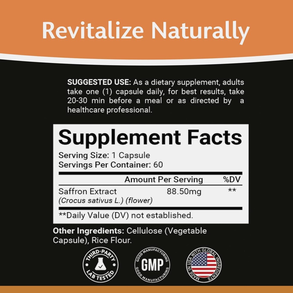 Premium Saffron Supplements - Pure Saffron Extract Capsules 88.50mg - Made in USA - Focus | Mood | Vision Support - Non-GMO, Vegan, Gluten Free - 60 Capsules (Pack of 1) 3