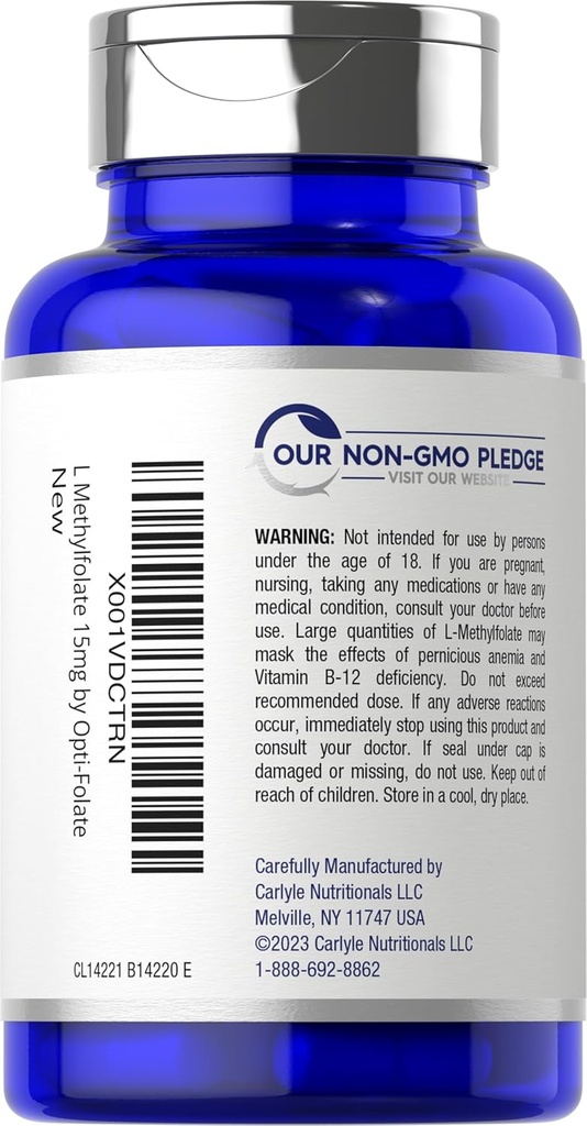 Carlyle L Methylfolate 15mg | 60 Capsules | Max Potency | Optimized and Activated | Non-GMO, Gluten Free | Methyl Folate, 5-MTHF | by Opti-Folate 4