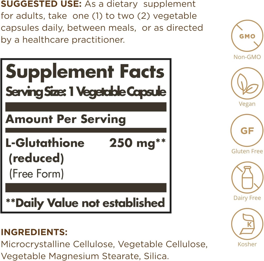 Solgar Reduced L-Glutathione 250 mg - 30 Vegetable Capsules - Antioxidant Support - Non-GMO, Vegan, Gluten Free, Dairy Free, Kosher - 30 Servings 3