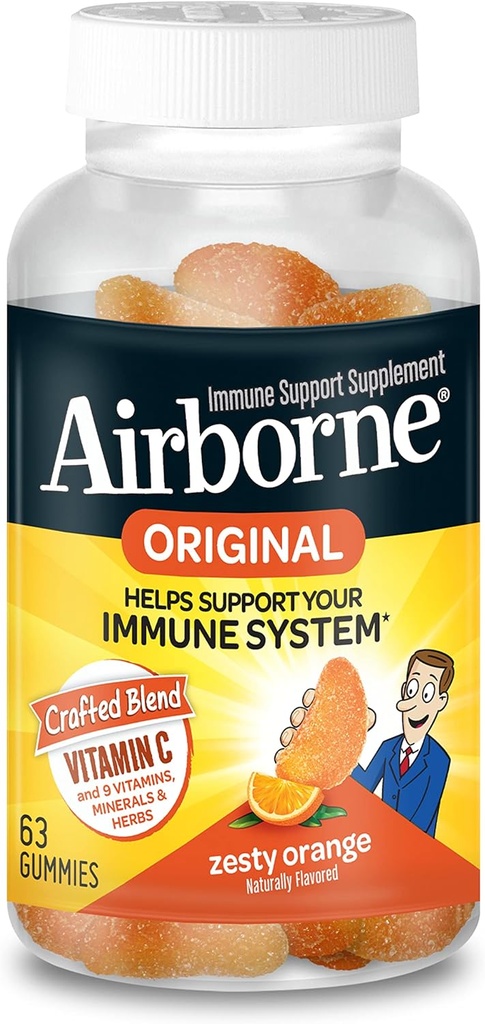 Airborne Vitamin C 750mg (per Serving) Zesty Orange Flavored Gummies (63 Count in a Bottle), Gluten-Free Immune Support Supplement with Vitamins A C E, Selenium, Echinacea & Ginger 2