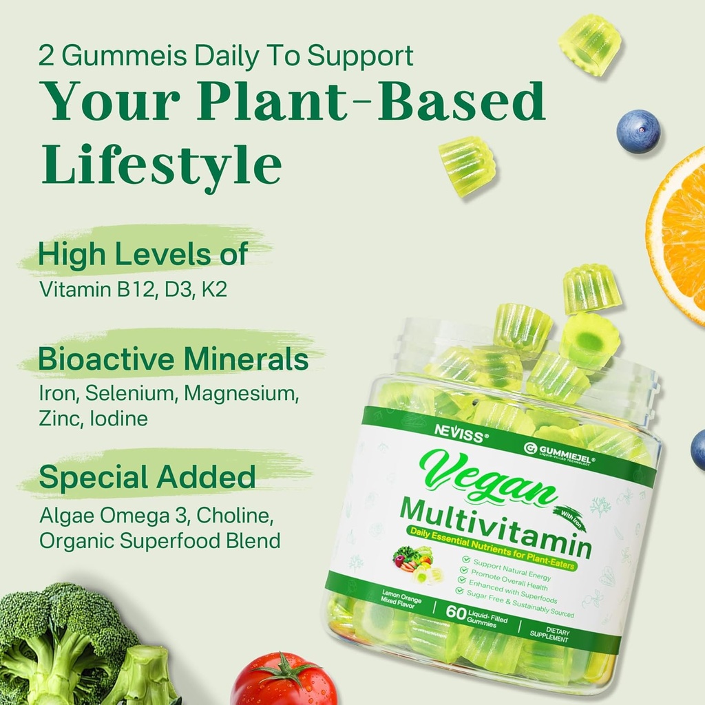 NEVISS Vitamin D3 5000IU + K2 (MK-7) 120mcg with Vegan Multivitamin for Women Men with Iron, Vitamin B12, A, D3, K2, Algae Omega 3, Magnesium, Zinc 4