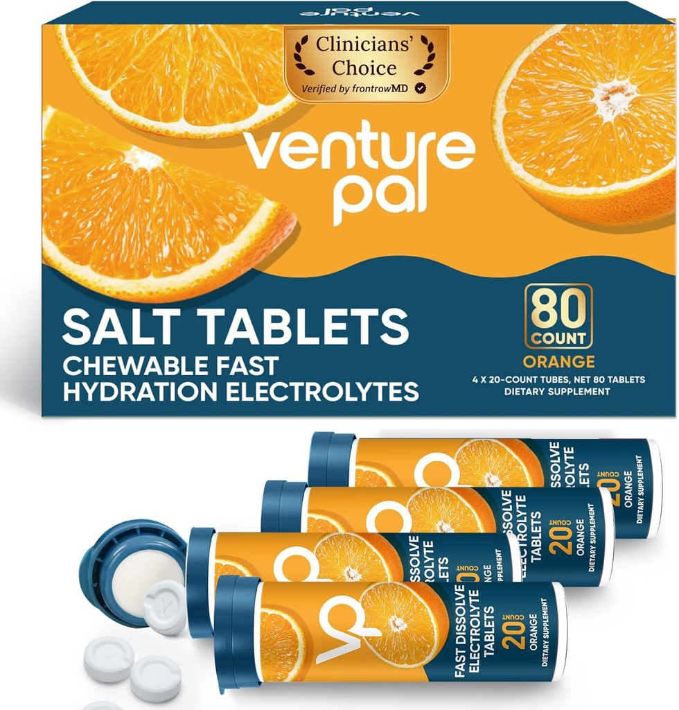 Venture Pal Chewable Electrolyte Tablets, 80 Count Fast-Dissolve Sugar-Free Stick Salt Tablets - Variety Pack for Rapid Hydration, Outdoor Running, Hiking, Sports | Keto & Vegan Friendly | 4 Pack 6