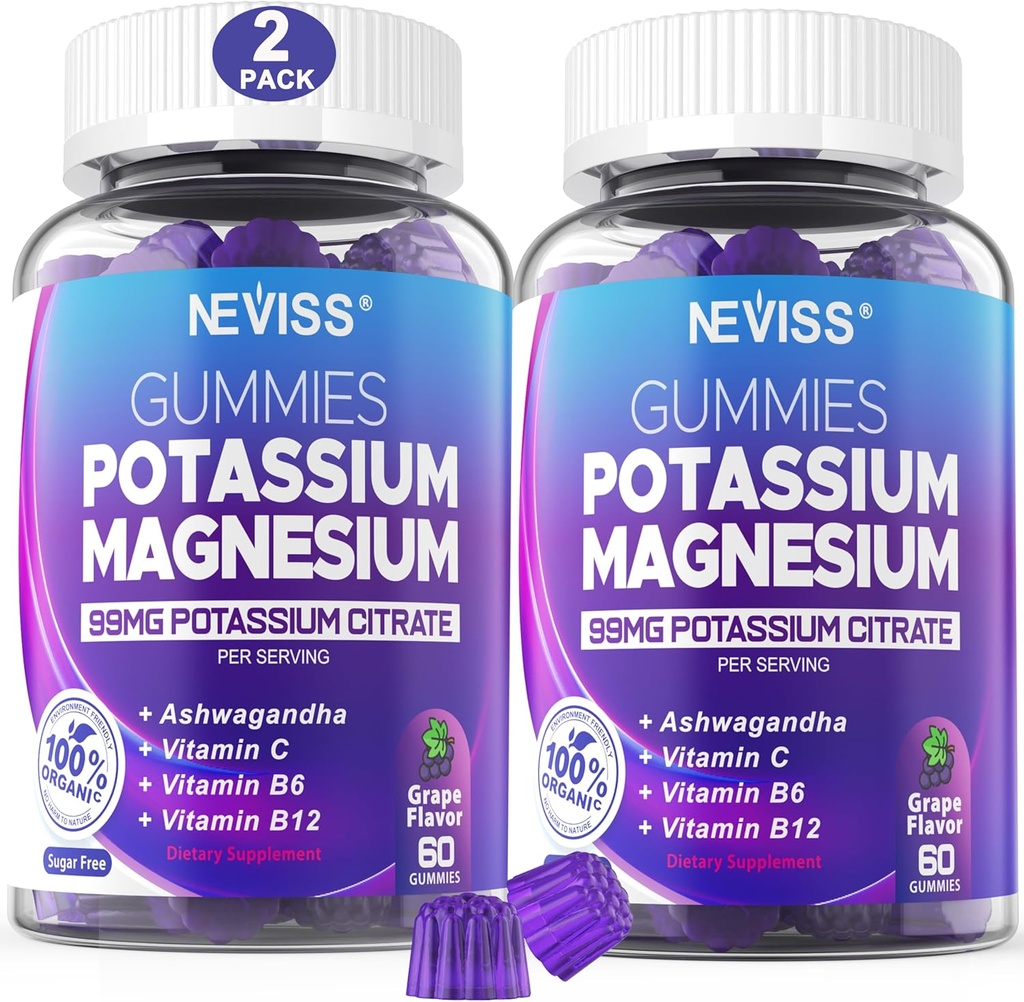 Potassium Magnesium Gummies - Potassium Supplement w/Ashwagandha 200mg, Magnesium Glycinate,B6,B12,P-otassium Citrate for Leg Cramps,Muscle,Electroyte for Adults Kids,Sugar-Free, 2 Pack 2