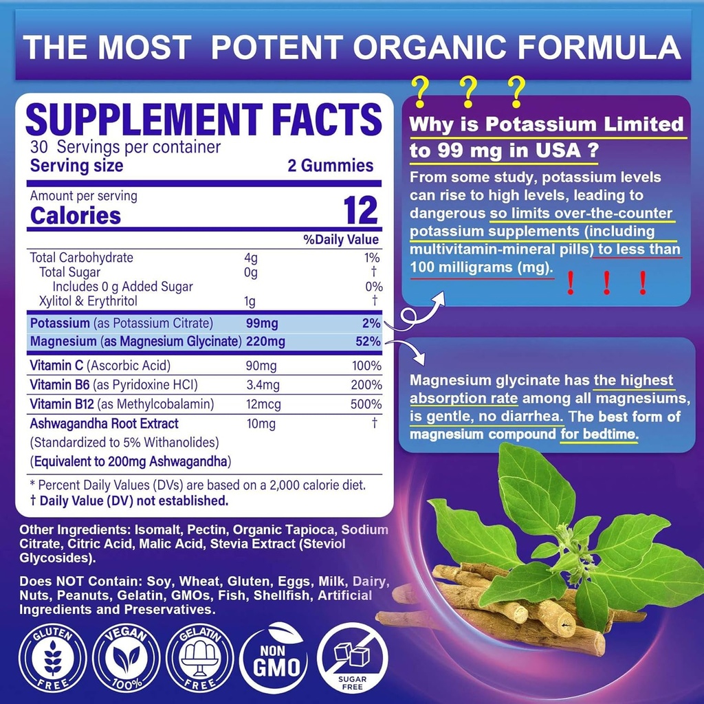 Potassium Magnesium Gummies - Potassium Supplement w/Ashwagandha 200mg, Magnesium Glycinate,B6,B12,P-otassium Citrate for Leg Cramps,Muscle,Electroyte for Adults Kids,Sugar-Free, 2 Pack 3