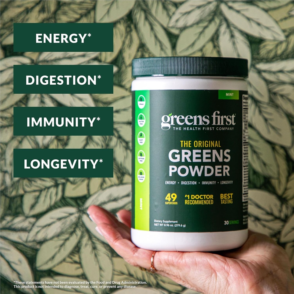 Greens First Original Greens Powder - 49 Superfoods - Organic Fruits & Veggies - Prebiotics, Probiotics & Digestive Enzymes - Antioxidant Smoothie - Dairy Free, Vegan & Non-GMO (Mint, 30 Servings) 3
