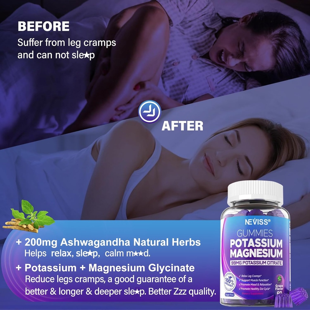 Potassium Magnesium Gummies - Potassium Supplement w/Ashwagandha 200mg, Magnesium Glycinate,B6,B12,P-otassium Citrate for Leg Cramps,Muscle,Electroyte for Adults Kids,Sugar-Free, 2 Pack 6