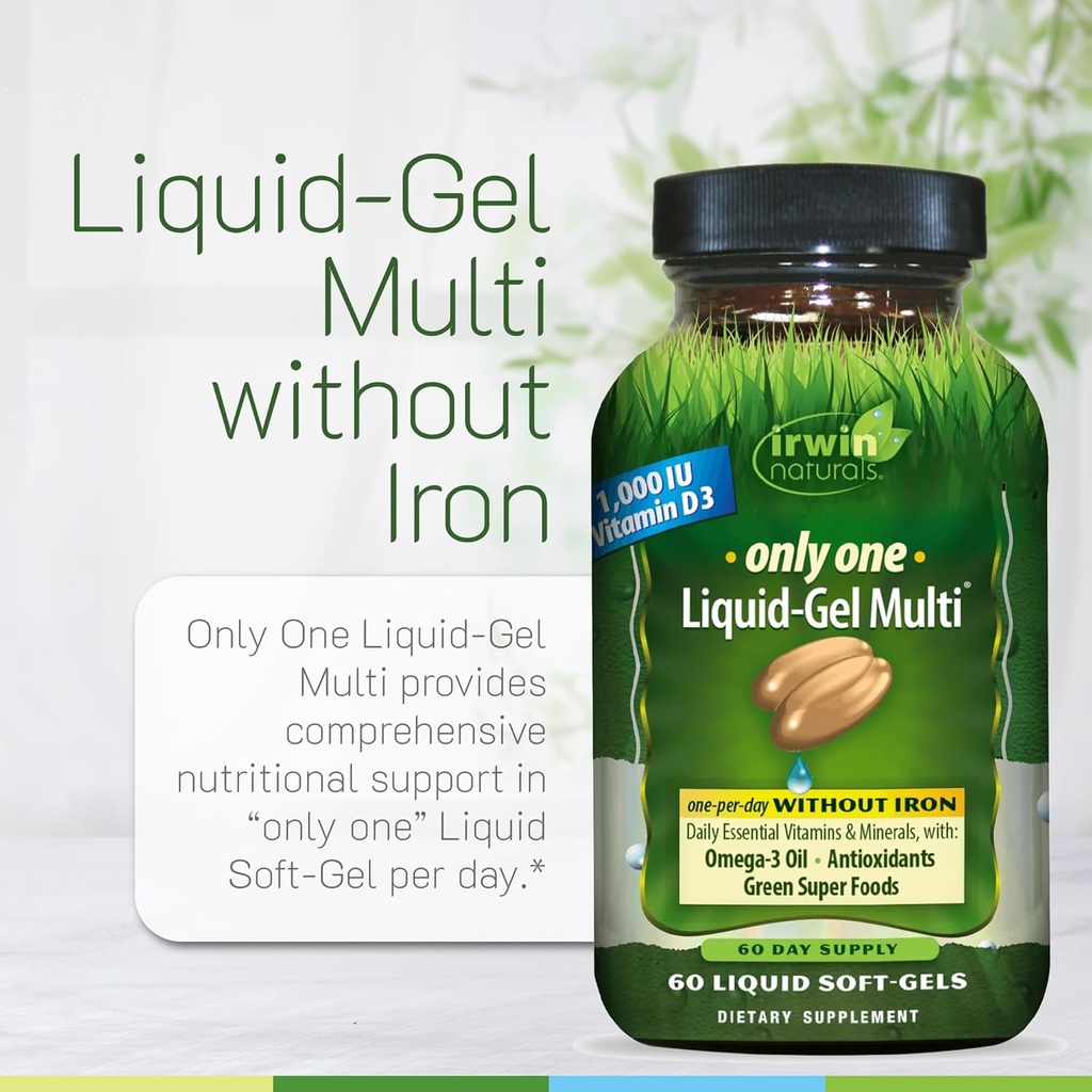Irwin Naturals Only One Liquid-Gel Multi Without Iron - 60 Liquid Soft-Gels, Pack of 2 - Omega-3 Oils, Antioxidants & Green Super Foods - 120 Total Servings 6