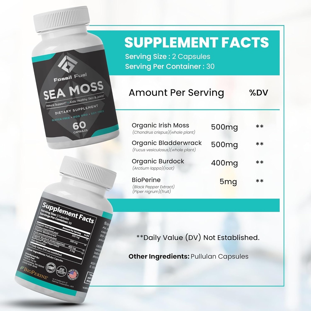 Fossil Fuel- Organic Superfood for Energy, Digestive Health, Immune Support, and Inflammation Relief - Packed with Essential Nutrients and Minerals, Sea Moss (60 Capsules) 4