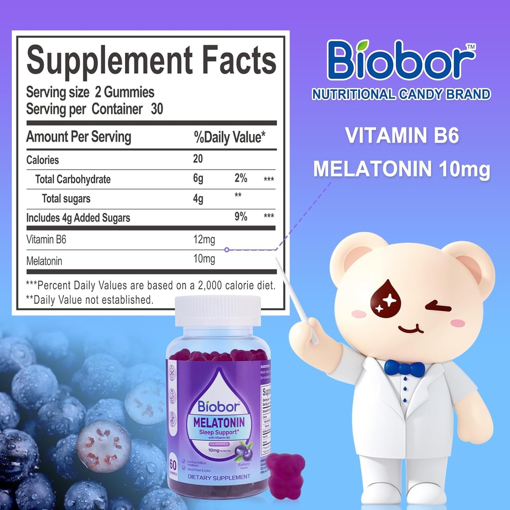 Natural Melatonin Gummy 10mg, Sleep Support Supplement Gummies Vegan Dietary with Vitamin B6 for Adult (Blueberry, 60 Count) 4