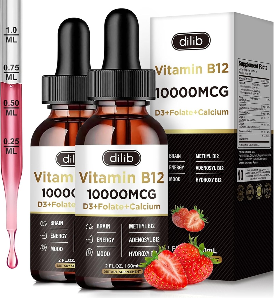Vitamin B12 Liquid Drops Sublingual 10000 mcg, Triple B-12 Complex Supplement, Methyl & Methylcobalamin Blend for Women & Men, Mood & Energy Booster, Metabolism & Health Support, 2 Pack 2